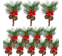 Bacucine 12PCS Christmas Berries Pine Cones Artificial Floral Picks Winter Garland Christmas Decorations with Red Berries Pine Needle for Craft Table Fireplace Bar Party Holiday Decor
