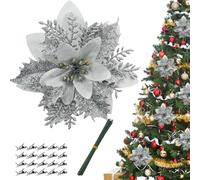 Bacucine 24PCS Poinsettia Flower Glitter Artificial Christmas Flowers with Clips Stems Poinsettias Christmas Decorations for Home Christmas Tree Decorations Party Wreath Christmas Decor (Silver)