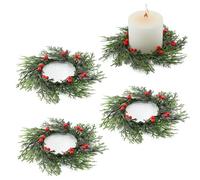 Bacucine 4 PCS Christmas Candle Rings Christmas Decorations Artificial Berries Pine Needles Candle Wreaths for Home Wedding Living Room Table Decoration