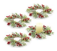 Bacucine 4PCS Christmas Candle Rings Christmas Decorations Red Berry Snowy Pine Garland Mini Candle Wreath for Door Window Table Home Decor