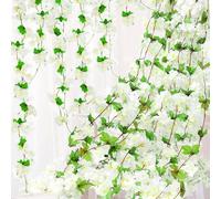Bacucine 6PCS Artificial Cherry Blossom Flower Vines Fake Cherry Blossom Flower Hanging Flowers Vine Faux Sakura for Home Wedding Party Decor (White)