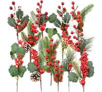 Bacucine Christmas Artificial Pine Picks Christmas Decorations Assorted Floral Picks with Red Berry Pine Needles for Winter Holiday Party Table Décor, 12 Designs