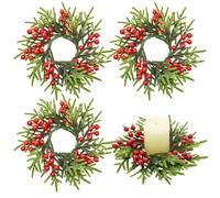 Bacucine Christmas Candle Rings Wreath 4PCS Christmas Decorations with Red Berries Pinecones Pine Garland Candle Holder for Xmas Wedding Cabinet Fireplace Table Home Decor