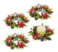 Bacucine Christmas Candle Rings Wreath 4PCS Christmas Decorations with Red Berries Pinecones Pine Garland Candle Holder for Xmas Wedding Cabinet Fireplace Table Home Decor