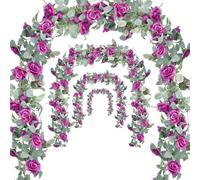 Bacucine Flower Garland Rose Vine 4Pcs 28FT Artificial Floral Garland with Green Leaves Hanging Rose Vine for Wedding Party Garden Home Wall Decor (Purple)