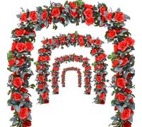 Bacucine Flower Garland Rose Vine 4Pcs 28FT Artificial Floral Garland with Green Leaves Hanging Rose Vine for Wedding Party Garden Home Wall Decor (Red)