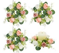 Bacucine Small Candle Rings Wreaths 4Pcs White Rose Artificial Flowers Mini Christmas Wreath for Wedding Kitchen Table Home Decor (Pink)