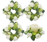 Bacucine Small Candle Rings Wreaths 4Pcs White Rose Artificial Flowers Mini Christmas Wreath for Wedding Kitchen Table Home Decor (White)
