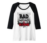 Bad Influence Partner in Crime Mugshot Humor Raglan Baseball Tee, Women, Black/White, M
