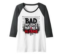 Bad Influence Partner in Crime Mugshot Humor Raglan Baseball Tee, Women, Dark Heather/White, XXL