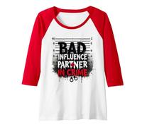 Bad Influence Partner in Crime Mugshot Humor Raglan Baseball Tee, Women, Red/White, S