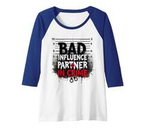 Bad Influence Partner in Crime Mugshot Humor Raglan Baseball Tee, Women, Royal Blue/White, L