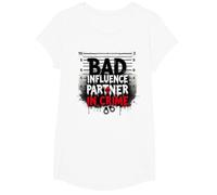 Bad Influence Partner in Crime Mugshot Humor T-Shirt, Girls, White, Medium