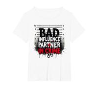 Bad Influence Partner in Crime Mugshot Humor T-Shirt, Women's Plus, White, 5X