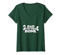 Bad to The Bone Skull Rebel Attitude Punk Rock V-Neck T-Shirt, Women, Forest Green, XL