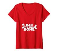 Bad to The Bone Skull Rebel Attitude Punk Rock V-Neck T-Shirt, Women, Red, L