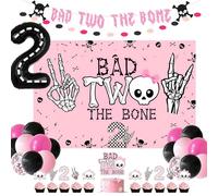 Bad Two The Bone 2nd Birthday Party Decorations Set For Girls Including 40" Number 2 Balloon, Backdrop,Banner,Latex Balloons, Cake Toppers