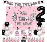 Bad Two the Bone Birthday Decoration Girl - 63PCS Rock And Roll 2nd Birthday Party Supplies, Include Backdrop, Birthday Banners, Cupcake Topper, Balloons for Kids Girls 2 Year Old Party