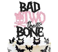 Bad Two the Bone Cake Topper, Rock and Roll Theme 2nd Birthday Cake Decor, Halloween Skull Rock Bone Baby’s 2nd Birthday Baby Shower Party Decorations Supplies for Girls