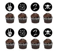 Bad Two The Bone Cupcake Toppers, 24 Pcs Rock 2nd Birthday CupcakeToppers Bad Two The Bone Second Birthday Party Decor for Baby Shower Second Birthday Party Cake Decorations Black
