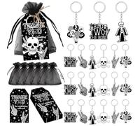 Bad Two the Bone Party Favor Tags & Keychains Kit Black Rock Themed 2nd Birthday Decorations Rock N Roll 2nd Birthday Keychains Gift Bags Thank You Tags Bone Skull Favors for Boy Second Bday Party