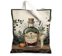 Bad Witch Energy Potion Bottle Halloween Canvas Tote Bag 13x15 Inch | Witchy Aesthetic, Potion Bottle Illustration, Gothic Botanical Art, Spooky Seasonal Decor, Mystical Humor, Autumn Aesthetic