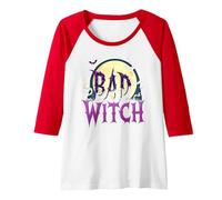 Bad Witch: Spooky Halloween Moon and Bats Raglan Baseball Tee, Women, Red/White, S