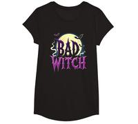 Bad Witch: Spooky Halloween Moon and Bats T-Shirt, Girls, Black, Large