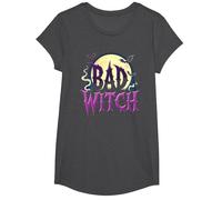 Bad Witch: Spooky Halloween Moon and Bats T-Shirt, Girls, Dark Heather Grey, Large