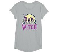 Bad Witch: Spooky Halloween Moon and Bats T-Shirt, Girls, Heather Grey, Large