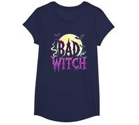 Bad Witch: Spooky Halloween Moon and Bats T-Shirt, Girls, Navy, Medium