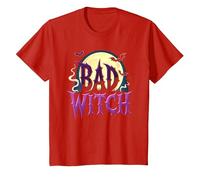 Bad Witch: Spooky Halloween Moon and Bats T-Shirt, Kids, Red, 2 Years