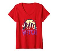Bad Witch: Spooky Halloween Moon and Bats V-Neck T-Shirt, Women, Red, XL
