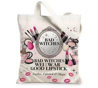 Bad Witches Makeup Quote Cosmetics Fanciful Canvas Tote Bag 13x15 Inch | Ornate Mirror Art, Beauty-themed Quote, Vibrant Peach Accents, Fanciful Makeup Illustration, Daily Carry Accessory