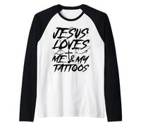 Badass Christian Design Jesus Loves Me and My Tattoos Gym Raglan Baseball Tee