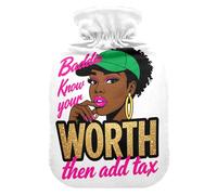 Baddie Green Worth Graphic Hot Waterbottle with Soft Cover, 1L Hot Compress for Neck and Shoulder Pain Relief