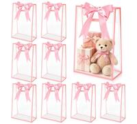 BadenBach 10 PCS Clear Gift Bags with Handles, Pink Ribbon, 7.1"x10"x3.2"