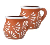 Baderke 2 Pack 12 oz Mexican Clay Mugs Mexican Coffee Mugs Pottery Cups | Handcrafted Ceramic Cups with White Floral Design, Perfect for Graduation Birthday Wedding Party Gifts, Bohemian Style