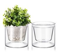Baderke 2 Pcs 4 Inch Self Watering Pot for Indoor Plants Clear Glass Planter Small Plant Pot with Saucer Reservoir Drainage Holes Bottom Watering Pot for African Violet Orchid Flowers Houseplant