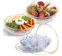 Baderke 2 Set 11.8" Chilled Serving Tray for Parties with Compartments Charcuterie Serving Board Ice Chilled Party Platter for Fruit Seafood Vegetable Shrimp Cocktail (Gold Rim,Transparent)