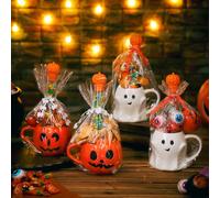 Baderke 21pcs/4 Set Halloween Party Favors Gifting Mugs Set Pumpkin Ghost Ceramic Mug Pumpkins Coaster Candy Tubes Craft Ribbons Paper Raffia Halloween Cellophane Gift Bags for Themed Party Supplies