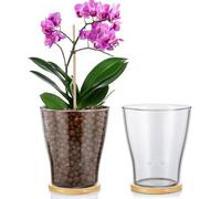 Baderke Glass Orchid Pots with Holes and Bamboo Tray Glass Pot Water Level Control Semi Hydroponic Transparent Root Transparent Indoor Orchid Planter for Home Indoor Outdoor Plant Lovers (6 Inch)