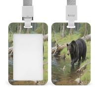 Badge Holder Black Bears Fishing in The Stream Printed Vertical Name Card Holder Suitable for Office School ID Card Proximity Key Card Driver License and Pass