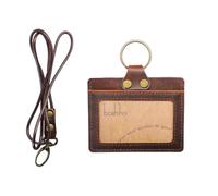 Badge Holder: Boshiho Cowhide Leather ID Badge Card Holder with Neck Lanyard, Horizontal Style Credit Card Holders for Office Students Business (Dark Brown1)