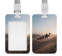 Badge Holder Camel Caravan in The Desert at Dawn Printed Vertical Name Card Holder Suitable for Office School ID Card Proximity Key Card Driver License and Pass