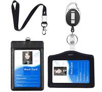 Badge Holder Lanyard Set,Genuine Leather ID Card Holder with Lanyard Retractable, 4 Piece Set Double Sided ID Badge Holder - Black (1 Horizontal & 1 Vertical)