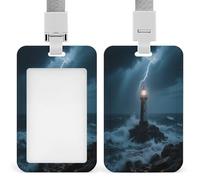 Badge Holder Lighthouse on A Rainy Night Printed Vertical Name Card Holder Suitable for Office School ID Card Proximity Key Card Driver License and Pass