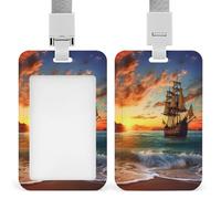 Badge Holder Pirate Ship in The Sunset Printed Vertical Name Card Holder Suitable for Office School ID Card Proximity Key Card Driver License and Pass
