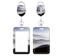 Badge Holder, Retractable Badge Reel with Carabiner Belt Clip and Key Ring, Name Tag Work Badge Clip Vertical ID Card Holder Cover Case for Name Card, Key Card (Cloud-Covered Mountains)