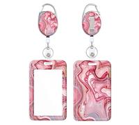 Badge Holder, Retractable Badge Reel with Carabiner Belt Clip and Key Ring, Name Tag Work Badge Clip Vertical ID Card Holder Cover Case for Name Card, Key Card (Red Marble)